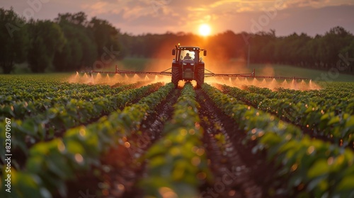 Evening sun gilds a tractor as it sprays crops, exemplifying modern agricultural practices and food production photo