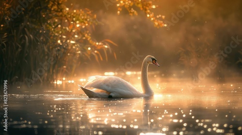 The image shows a swan swimming in a lake