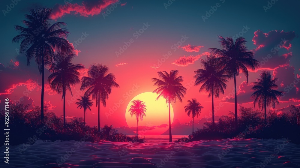 Stunning sunset over tropical beach with silhouetted palm trees, vibrant colors, and a tranquil ocean view. Perfect vacation paradise.