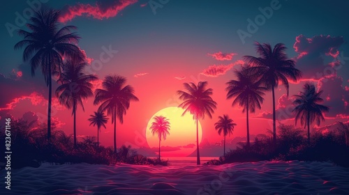Stunning sunset over tropical beach with silhouetted palm trees, vibrant colors, and a tranquil ocean view. Perfect vacation paradise. © Autaporn