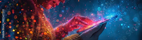 Vibrant digital illustration of a person using a tablet, surrounded by colorful abstract particles and glowing lights, symbolizing creativity and technology.