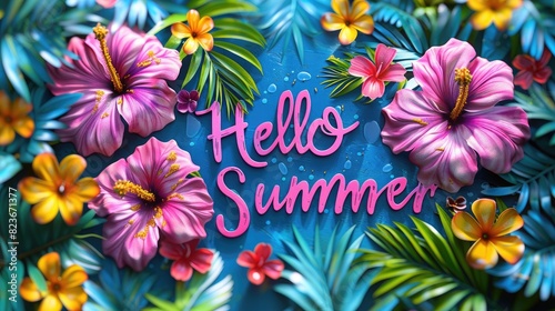 Vibrant summer design with tropical flowers and leaves, featuring 'Hello Summer' text in bright colors, evoking a cheerful and festive mood.