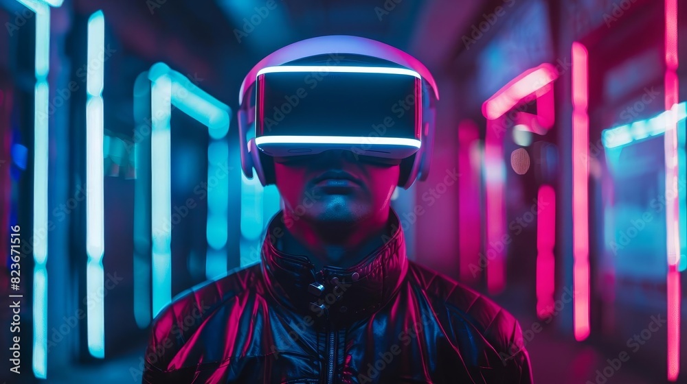 Person wearing futuristic virtual reality headset in a neon-lit environment, showcasing advanced VR technology, innovation, and digital future. Person wearing futuristic virtual reality headset in a neon-lit environment, showcasing advanced VR technology, innovation, and digital future.