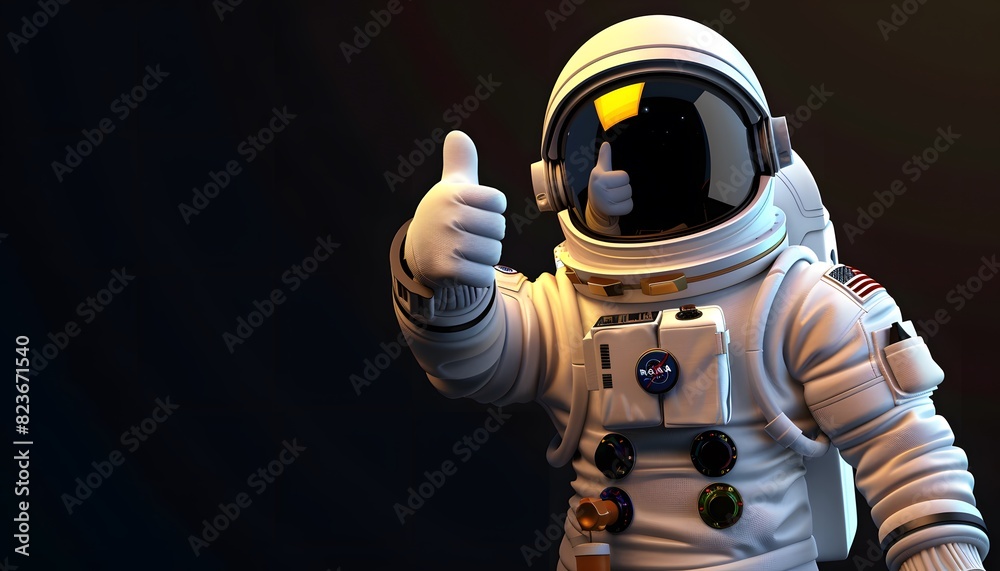 A 3D cartoon astronaut in a space suit, giving a thumbs up while floating weightlessly