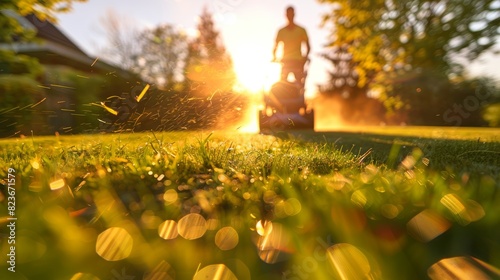Person mowing lush green lawn in a garden with bright sunshine.