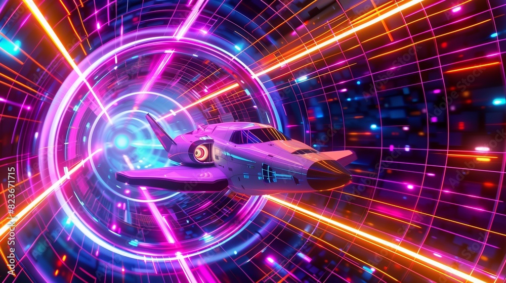 A futuristic shuttlecraft navigating through a kaleidoscope of neon patterns and grids in a hyper warp space, with vibrant hues blending into a mesmerizing spectacle, A futuristic shuttlecraft navigating through a kaleidoscope of neon patterns and grids in a hyper warp space, with vibrant hues blending into a mesmerizing spectacle,