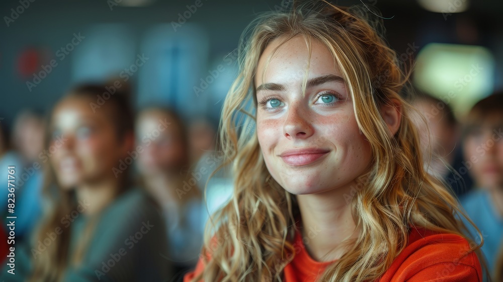 An attentive young woman with blonde hair is smiling in a classroom setting