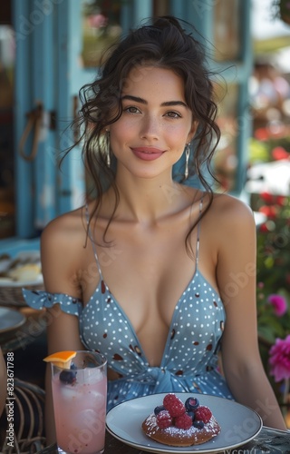 charming young woman in a blue polka dot dress enjoys cake on a garden terrace