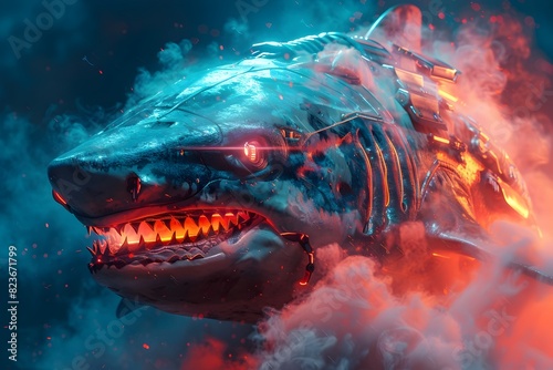 Fearsome Cyborg Shark Warrior Surrounded by Swirling Iridescent Color Smoke in Vivid Atmosphere