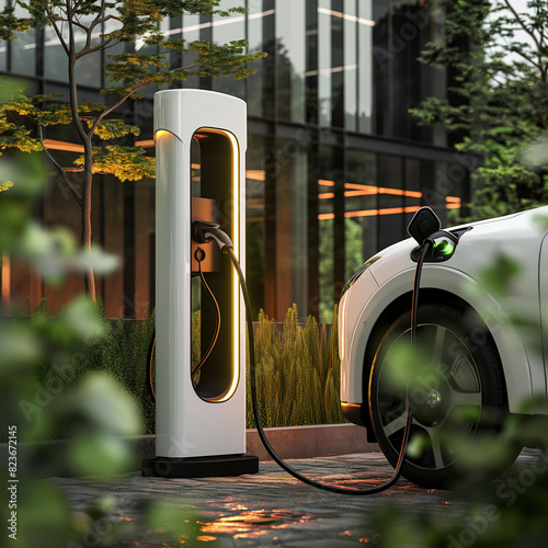 EV charging station for electric car in concept of green energy and eco power produced from sustainable source to supply to charger station in order to reduce CO2 emission .