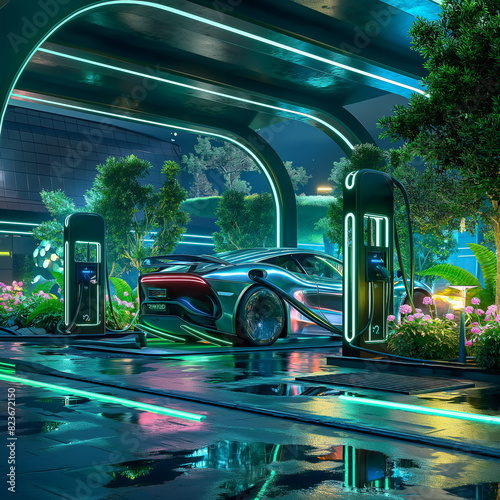 EV charging station for electric car in concept of green energy and eco power produced from sustainable source to supply to charger station in order to reduce CO2 emission .
