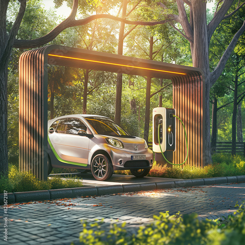 EV charging station for electric car in concept of green energy and eco power produced from sustainable source to supply to charger station in order to reduce CO2 emission .