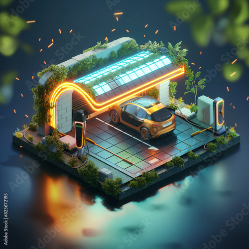 EV charging station for electric car in concept of green energy and eco power produced from sustainable source to supply to charger station in order to reduce CO2 emission .