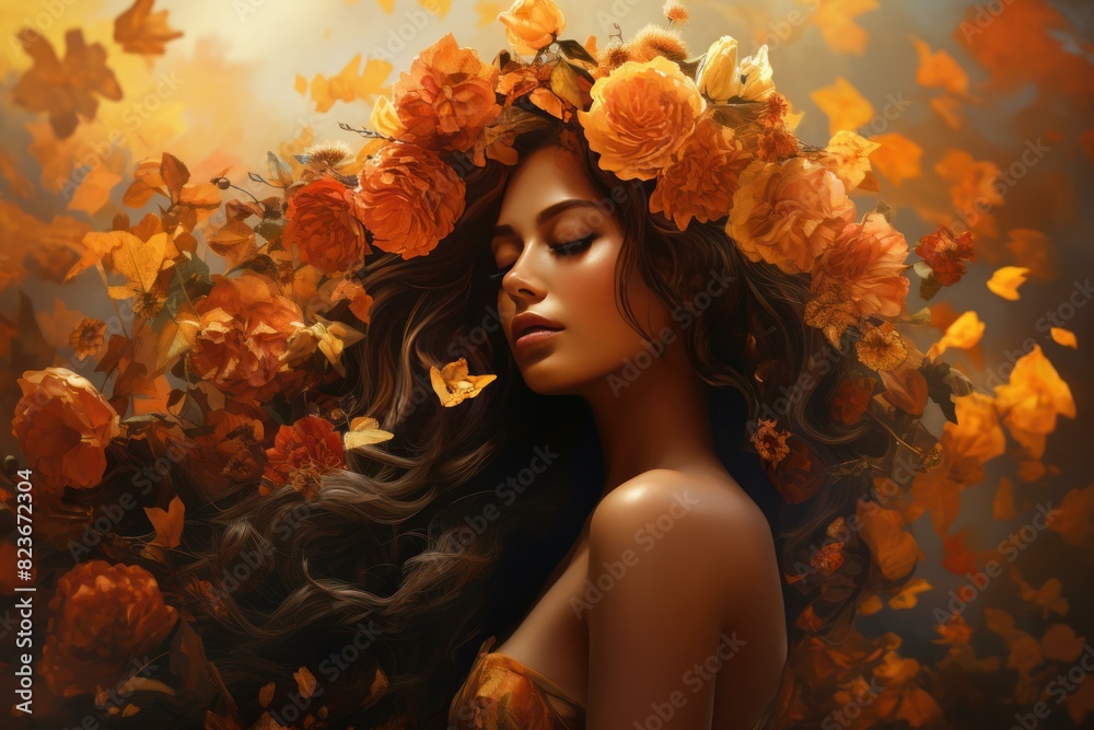 Serene woman in an autumnal setting with a crown of orange roses and flying leaves Serene woman in an autumnal setting with a crown of orange roses and flying leaves