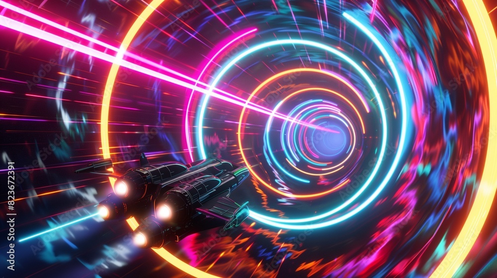 A futuristic starship zooming through a neon hyper warp tunnel, surrounded by concentric rings of colorful energy, creating a mesmerizing visual spectacle,