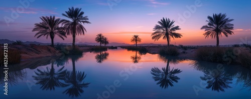 Desert oasis at twilight, still waters and palm trees close up, focus on, copy space, serene and muted colors, Double exposure silhouette with desert serenity © tanapat