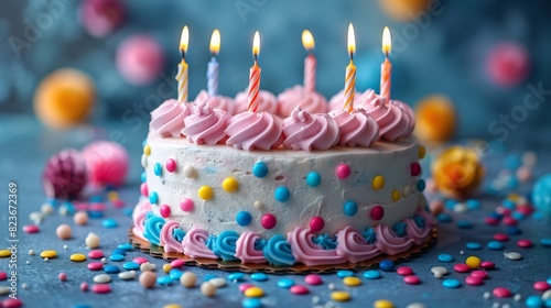 Lit candles on a birthday cake with bright frosting and scattered confetti around
