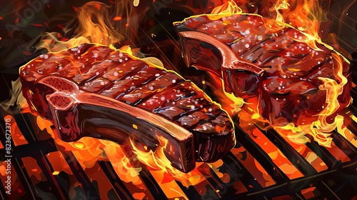 juicy tbone steaks grilling over charcoal flame smoky outdoor summer bbq concept illustration photo
