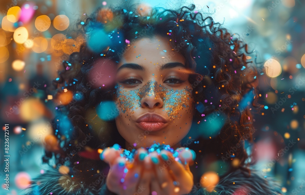 Young woman with dark hair, seen from behind, blows colorful, glittering confetti from her hand Young woman with dark hair, seen from behind, blows colorful, glittering confetti from her hand
