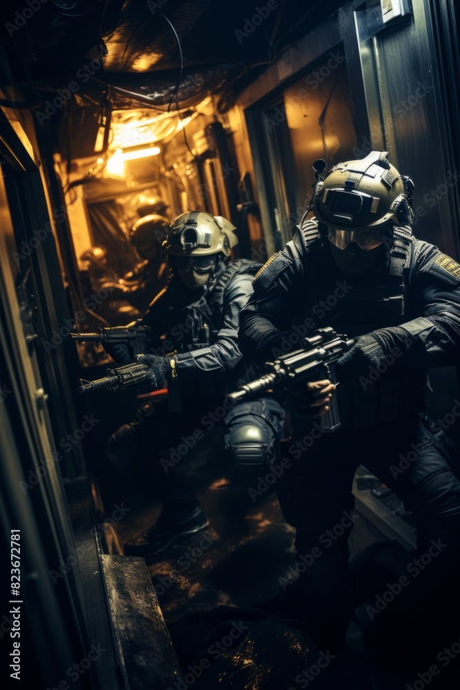 A group of elite commandos wearing military gear are seen moving cautiously down a hallway. They are equipped with flashbang grenades to disorient and enhance their tactical advantage in the operation A group of elite commandos wearing military gear are seen moving cautiously down a hallway. They are equipped with flashbang grenades to disorient and enhance their tactical advantage in the operation