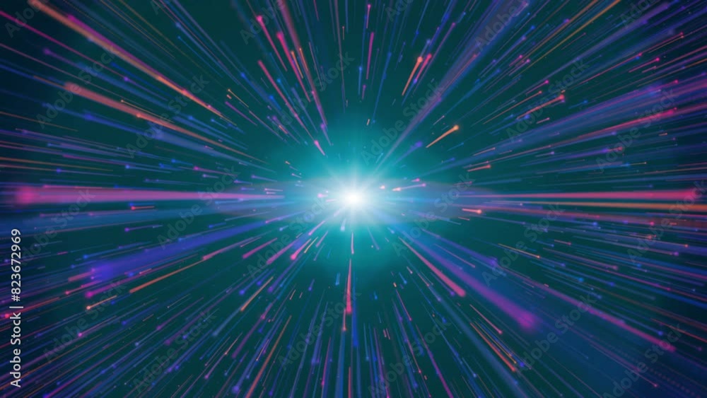 Abstract pink blue light trail creative cosmic background. Explosion, Hyper jump into another galaxy. Speed of light, neon glowing rays in motion.