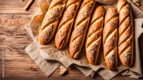 French baguette bread on paper, breakfast concept, starchy food, delicious food, healthy lifestyle, background image photo