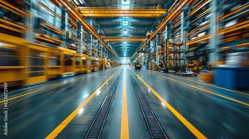 An image showcasing motion blur in a warehouse with high shelves and industrial lighting photo