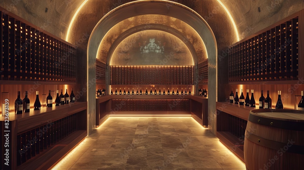 Obraz premium luxurious wine cellar with wooden racks and bottles atmospheric lighting 3d rendering
