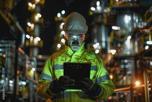 Worker in safety gear using a tablet to monitor nocturnal activities at an industrial plant © PHAISITSAWAN