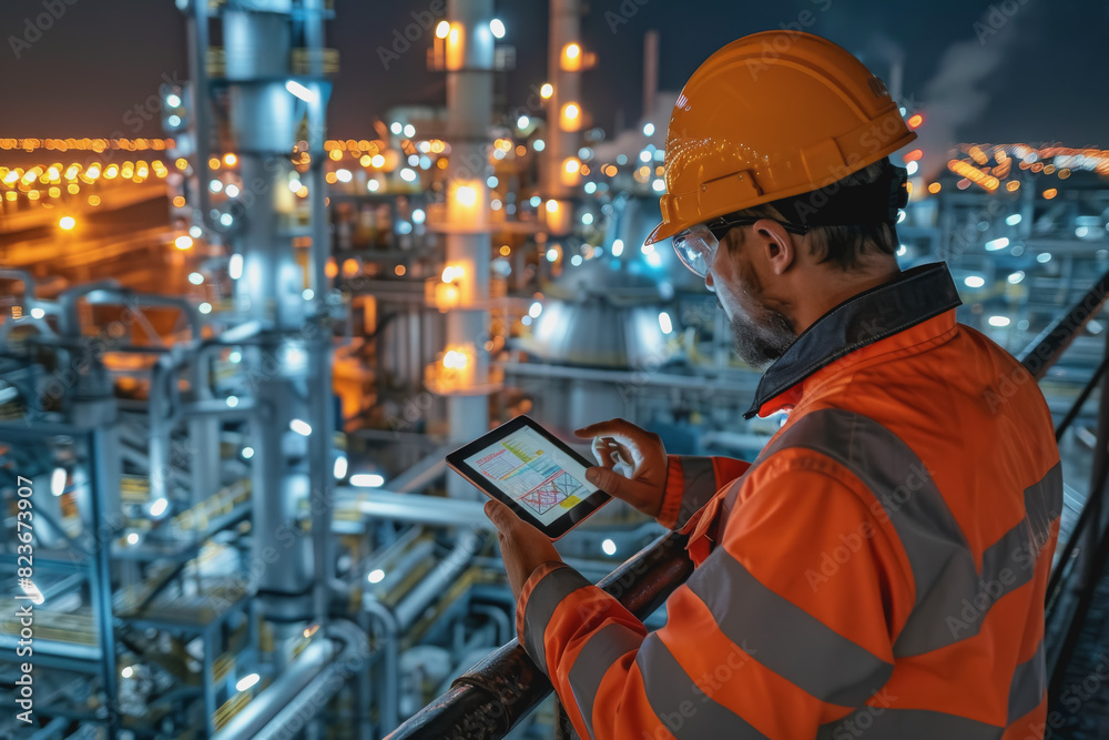 Worker in safety gear using a tablet to monitor nocturnal activities at an industrial plant Worker in safety gear using a tablet to monitor nocturnal activities at an industrial plant