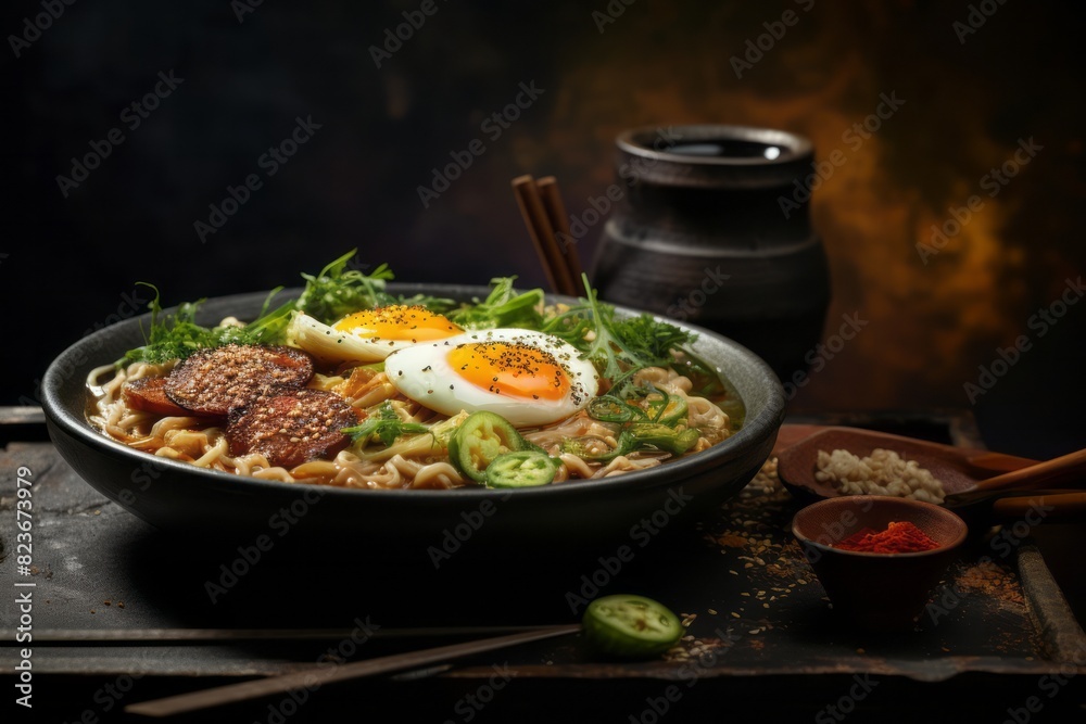 Tempting ramen on a metal tray against a rustic textured paper background