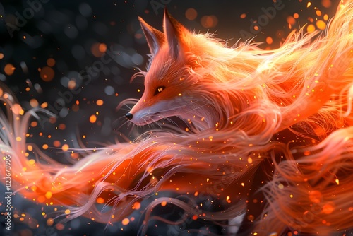 Majestic Nine-Tailed Vermilion Fox - Divine Guardian Spirit Radiating Primal Energy and Ethereal Spectral Imagery photo