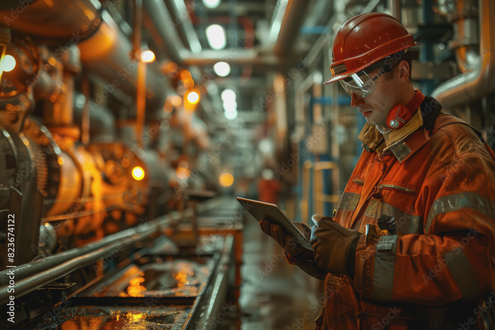 Worker in safety gear using a tablet to monitor nocturnal activities at an industrial plant Worker in safety gear using a tablet to monitor nocturnal activities at an industrial plant