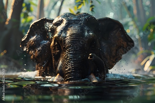 an elephant swimming in a deep river