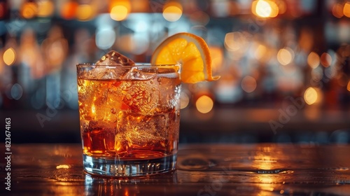 A close-up of a whiskey on the rocks with a slice of orange, served in a bar setting photo