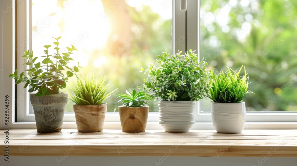 Serene indoor plants on sunny windowsill with green garden view