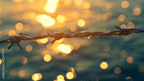 Golden sunlight glinting off barbed wire at sunset photo