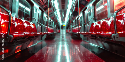 A train with red seats and a yellow light photo
