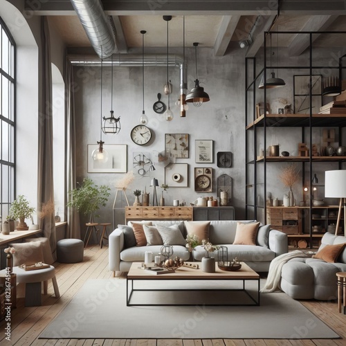 213 124. Scandinavian industrial living room with a mix of indus photo