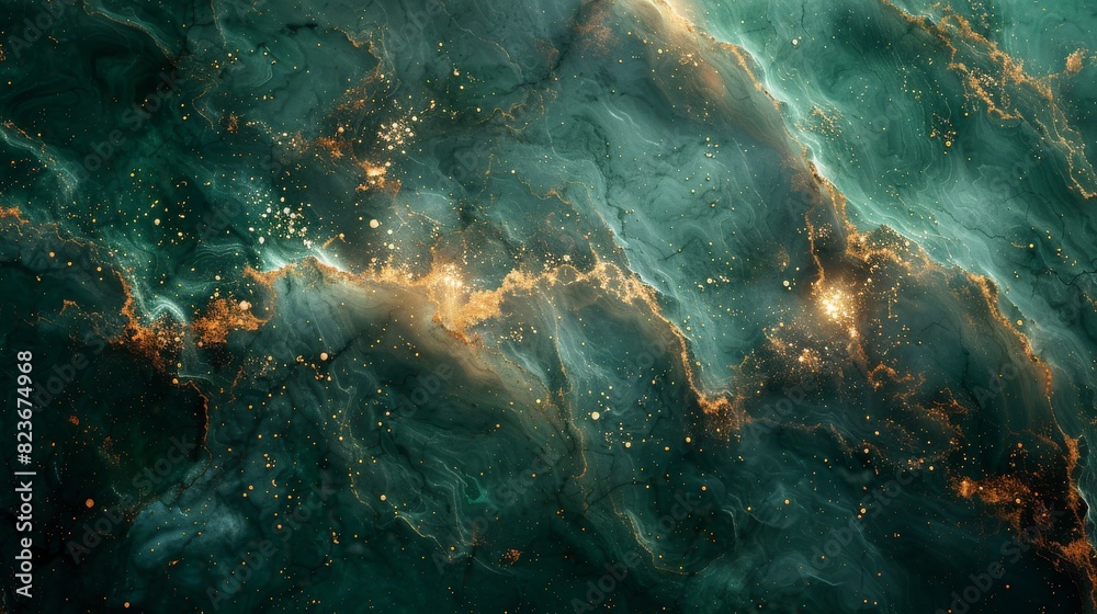 This image captures a mixture of emerald green and golden details creating an abstract marble effect