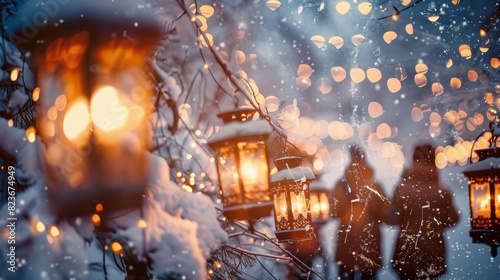 Carolers singing in the snow  lanterns and music notes close up  focus on  copy space  soft and harmonious colors  Double exposure silhouette with holiday melodies