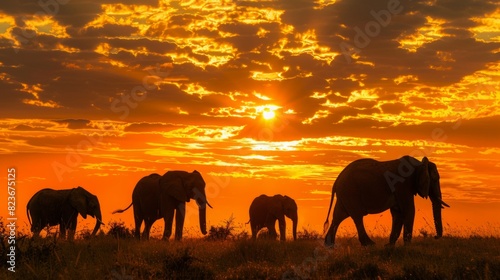 Majestic elephants walking at sunset in African savanna