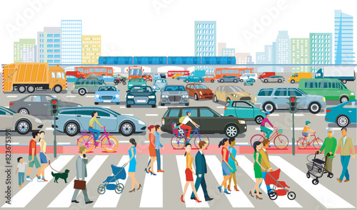 Stadtsilhouette einer Stadt mit Autos  im  Verkehrsstau und Personen auf dem Zebrastreifen,, illustration
