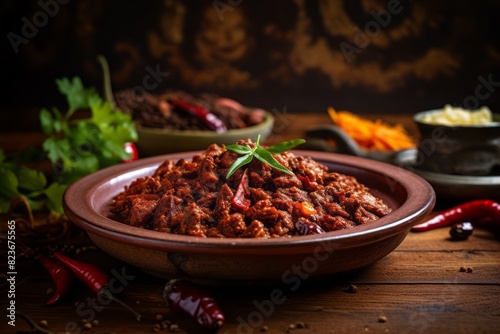 Exquisite chili con carne on a porcelain platter against a rustic textured paper background