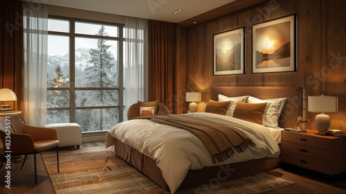 A warm bedroom featuring a large bed, wooden walls, and a picturesque snowy mountain view through the window