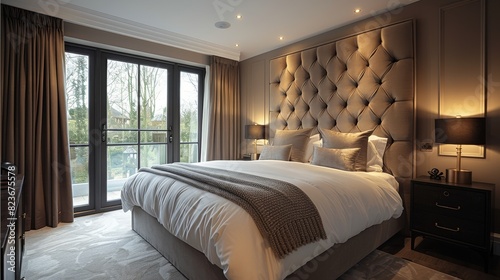 This bedroom boasts an elegant tufted headboard, plush bedding, and a subtle view of the outdoors