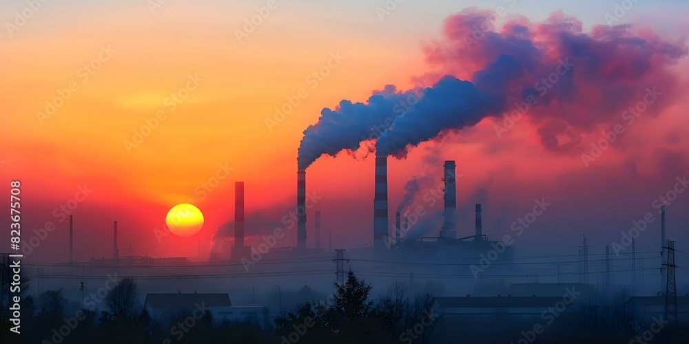 Factory emissions create a smoky polluted dawn showcasing environmental degradation. Concept Environment, Pollution, Factory, Smog, Dawn