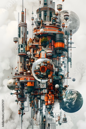 Surreal Collage of Futuristic Biomorphic and Mechanical Elements in Striking Cinematic Palette photo