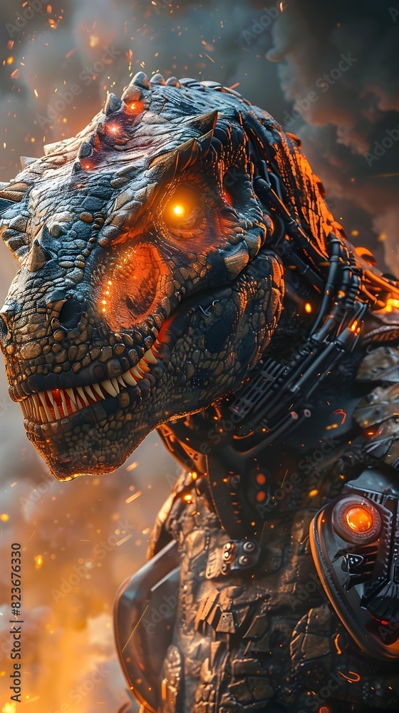 Technological Fusion:Cyborg Dinosaur Warrior Bristling with Advanced Armaments and Enveloped in Swirling Multicolored Smoke Technological Fusion:Cyborg Dinosaur Warrior Bristling with Advanced Armaments and Enveloped in Swirling Multicolored Smoke