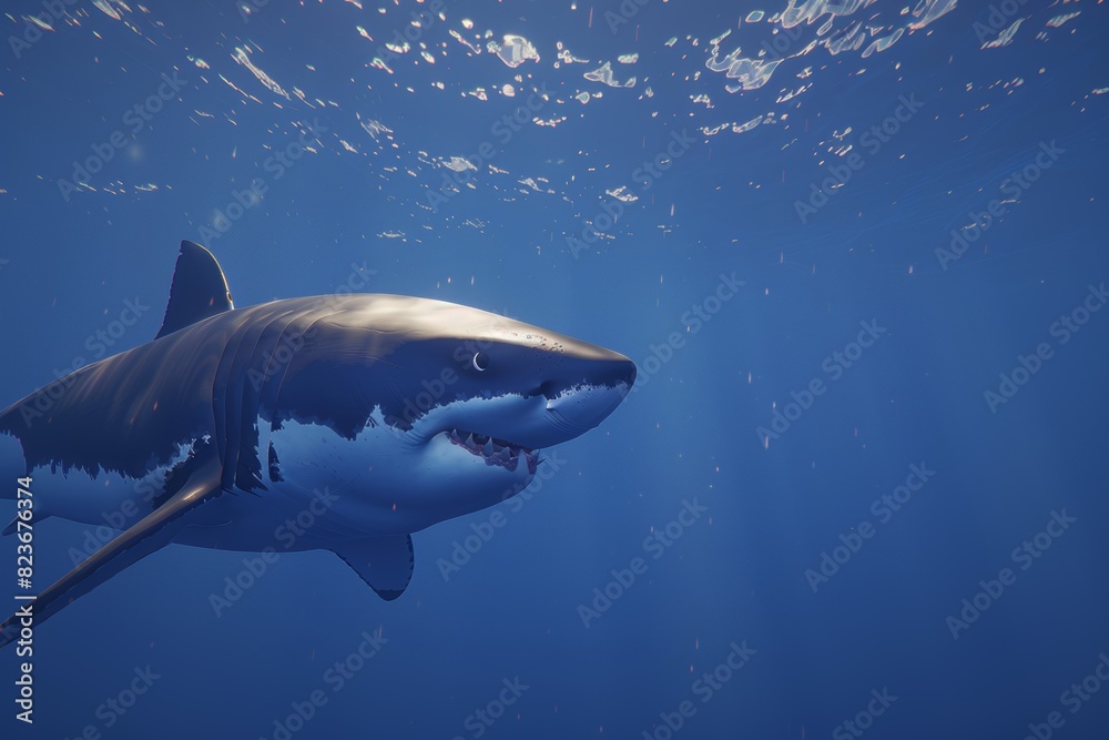 Fototapeta premium Majestic great white shark swimming in deep blue ocean